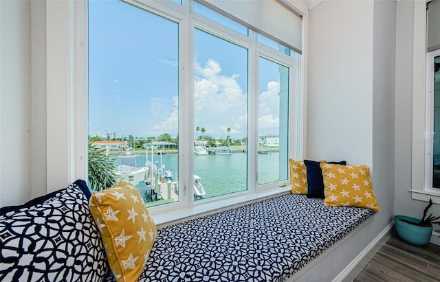 interior space with hardwood / wood-style flooring and a water view