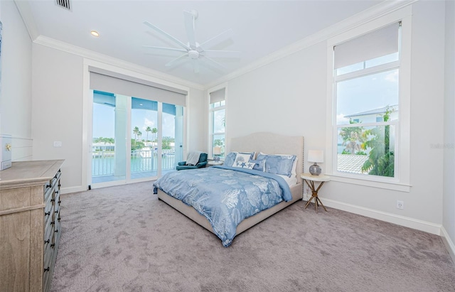 bedroom with ceiling fan, carpet flooring, crown molding, and access to exterior