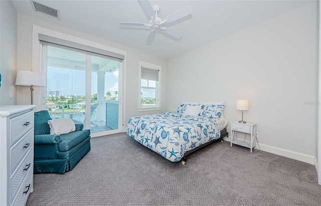 bedroom featuring carpet floors, access to outside, and ceiling fan