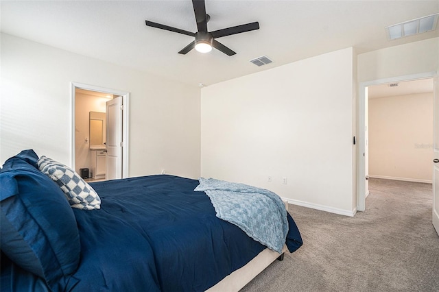 bedroom with a ceiling fan, baseboards, visible vents, and carpet flooring