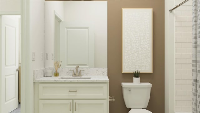 bathroom featuring toilet, a shower with shower curtain, and vanity