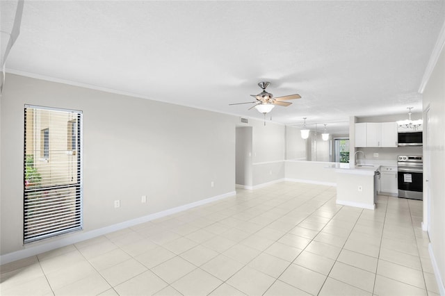 5618 Baywater Dr Unit 5618, Tampa, FL 33615 - unfurnished living room with a sink, crown molding, a ceiling fan, light tile patterned floors, and baseboards