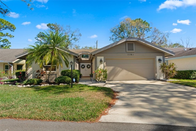 ranch-style house with a front lawn and a garage