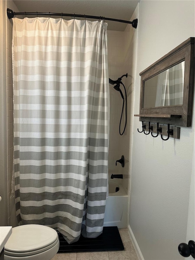 bathroom featuring toilet, tile patterned flooring, and shower / bathtub combination with curtain