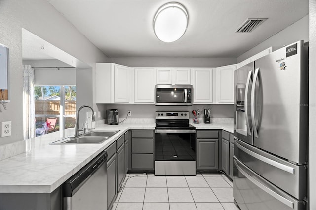 kitchen featuring gray cabinetry, stainless steel appliances, a peninsula, a sink, and white cabinetry