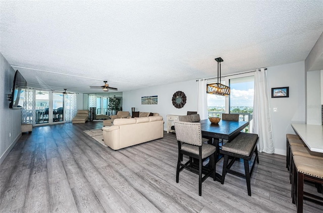 dining area featuring ceiling fan with notable chandelier, wood finished floors, baseboards, and a textured ceiling