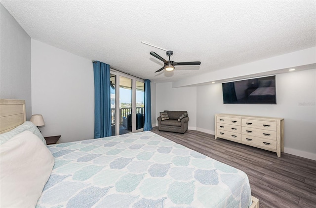 bedroom featuring access to exterior, a textured ceiling, wood finished floors, baseboards, and ceiling fan