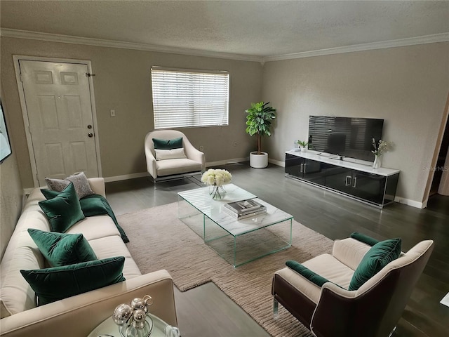 living room with baseboards, a textured ceiling, and crown molding