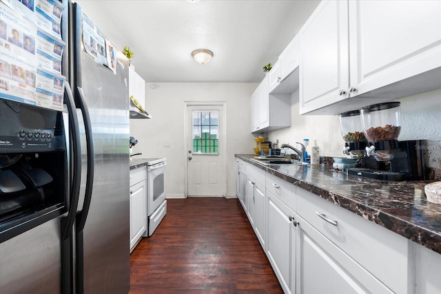 kitchen featuring a sink, white cabinets, stainless steel refrigerator with ice dispenser, dark wood-style floors, and white range with electric cooktop