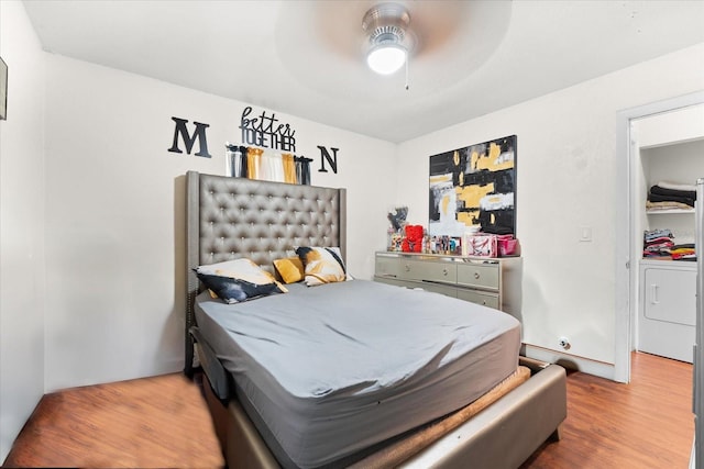 bedroom with ceiling fan and wood finished floors