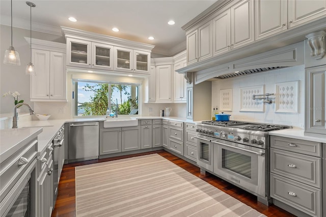 kitchen featuring a sink, appliances with stainless steel finishes, gray cabinets, and dark wood finished floors