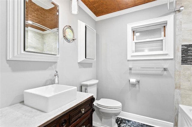 full bathroom featuring ornamental molding, vanity, shower / tub combination, and toilet