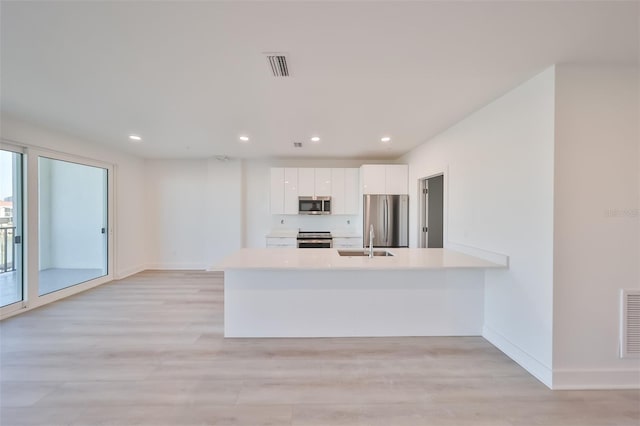 kitchen with appliances with stainless steel finishes, sink, white cabinets, and light wood-type flooring