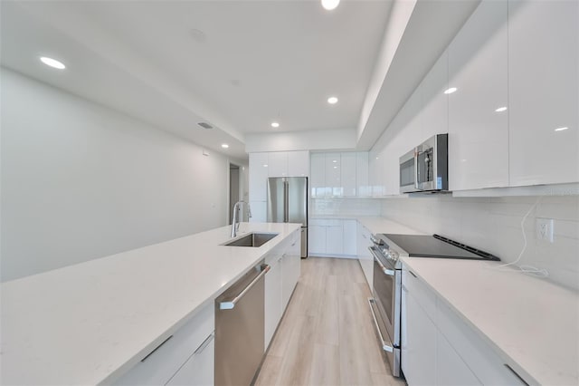 kitchen with sink, stainless steel appliances, white cabinets, and backsplash