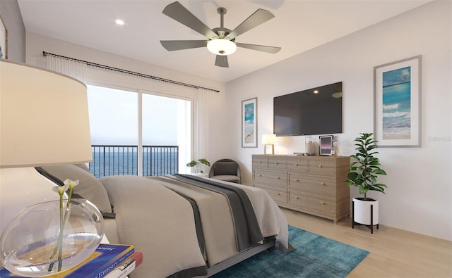 bedroom with ceiling fan, light hardwood / wood-style flooring, and access to exterior