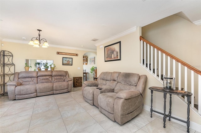 living room featuring arched walkways, crown molding, visible vents, stairway, and baseboards