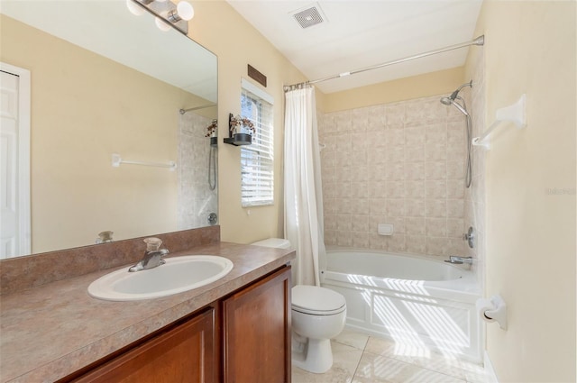 bathroom with shower / tub combo, visible vents, toilet, tile patterned flooring, and vanity