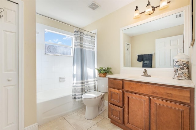 bathroom featuring toilet, tile patterned flooring, visible vents, and shower / bathtub combination with curtain