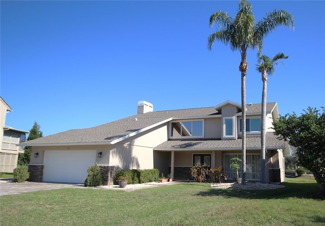 view of front facade with a garage, driveway, a front yard, and stucco siding