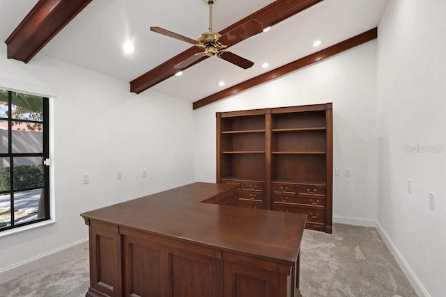 office space featuring light carpet, ceiling fan, and lofted ceiling with beams