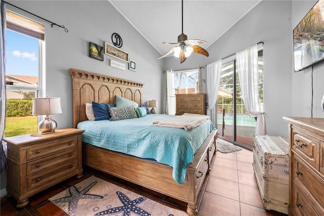 13542 Summerwood Ct, Hudson, FL 34667 - bedroom with lofted ceiling, access to exterior, ornamental molding, ceiling fan, and light tile patterned floors