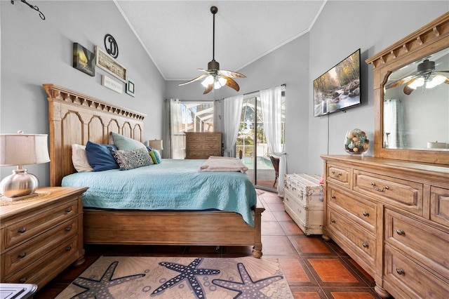 13542 Summerwood Ct, Hudson, FL 34667 - bedroom with lofted ceiling, access to outside, dark tile patterned floors, ornamental molding, and ceiling fan