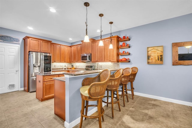 kitchen with open shelves, appliances with stainless steel finishes, brown cabinets, and decorative light fixtures