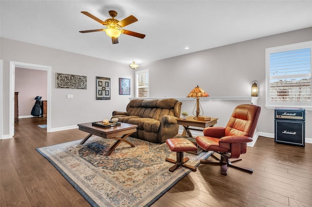 living room featuring dark wood-style floors, recessed lighting, ceiling fan, and baseboards