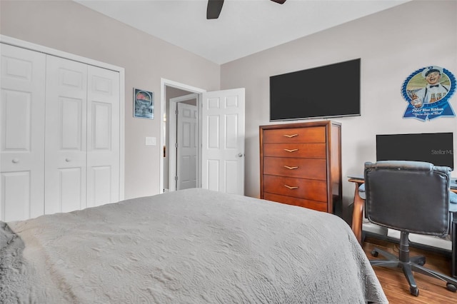 bedroom featuring a closet, ceiling fan, and wood finished floors