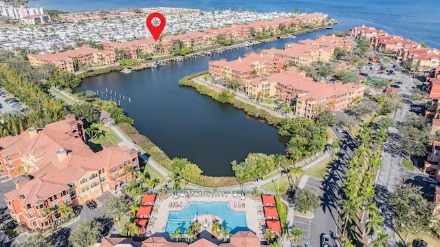 aerial view featuring a water view