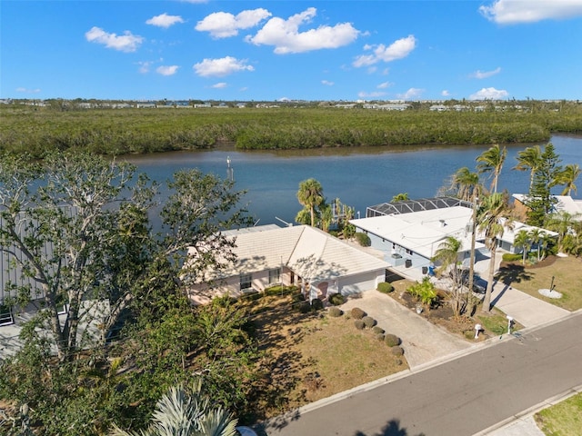 drone / aerial view featuring a water view