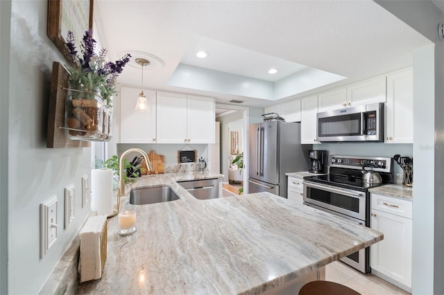 kitchen featuring white cabinets, stainless steel appliances, a sink, and a raised ceiling