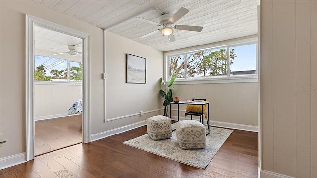 sitting room featuring dark wood-style floors, plenty of natural light, and wooden ceiling