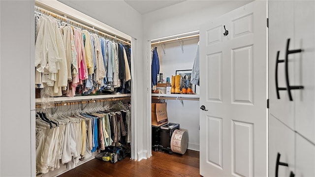 spacious closet with dark wood-style floors