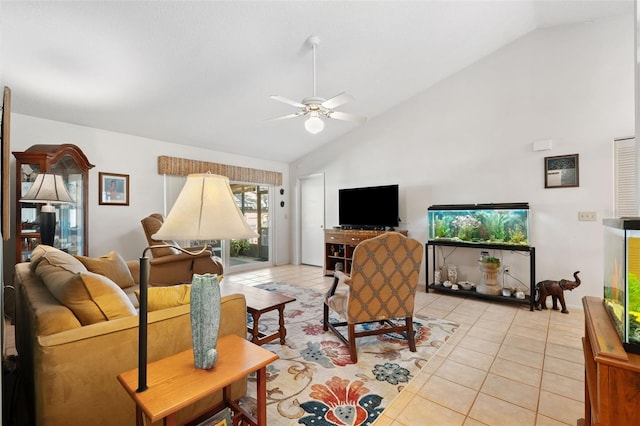 living room with a ceiling fan, high vaulted ceiling, and light tile patterned floors