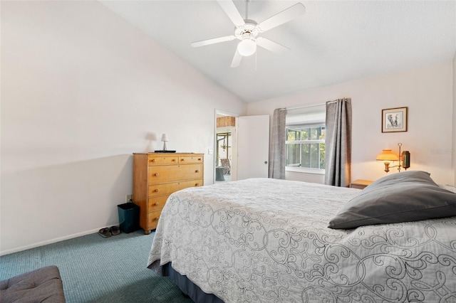 bedroom featuring ceiling fan, carpet, baseboards, and vaulted ceiling