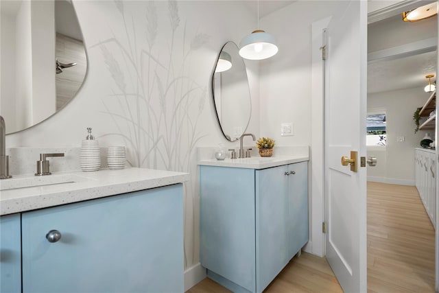 bathroom with wood finished floors, two vanities, baseboards, and a sink