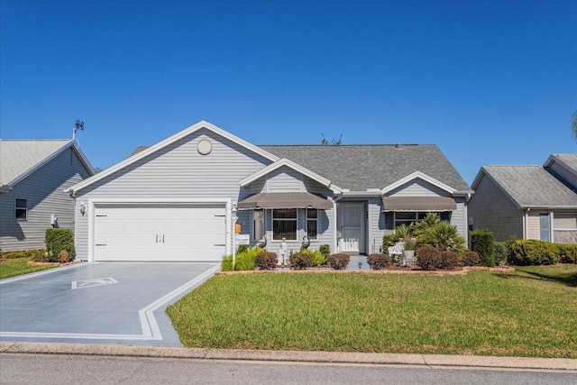 single story home featuring concrete driveway, roof with shingles, and a front yard