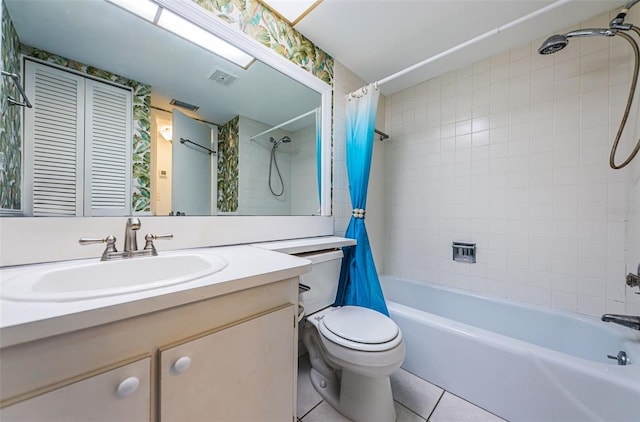 bathroom with visible vents, shower / bathtub combination with curtain, toilet, vanity, and tile patterned floors