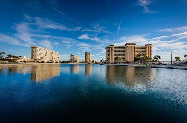 view of water feature with a city view