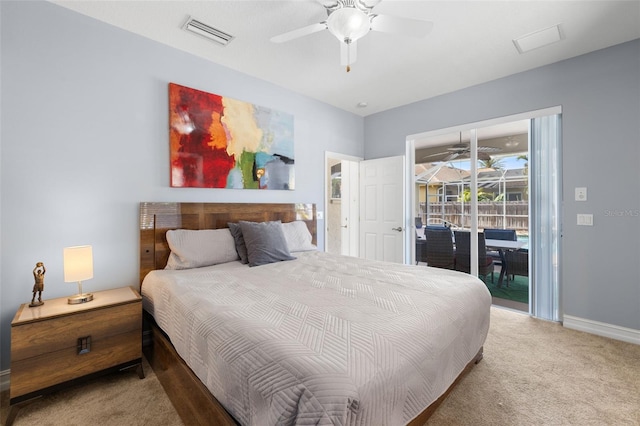 bedroom with carpet, access to outside, and ceiling fan