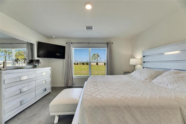 bedroom with carpet, visible vents, a textured ceiling, and baseboards