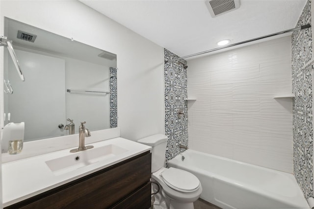 full bath with visible vents, toilet, vanity, and shower / tub combination