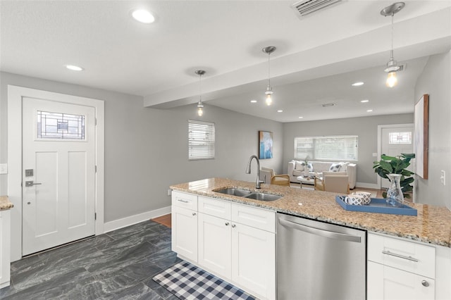kitchen with stainless steel dishwasher, a sink, white cabinetry, and pendant lighting