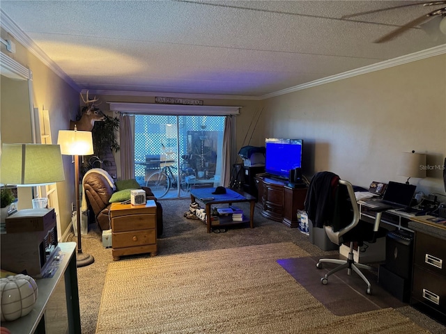 carpeted office space with a textured ceiling and ornamental molding