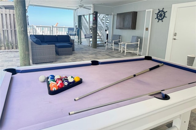 playroom with ceiling fan and billiards