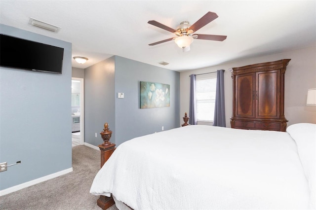 bedroom with visible vents, light carpet, baseboards, and ceiling fan