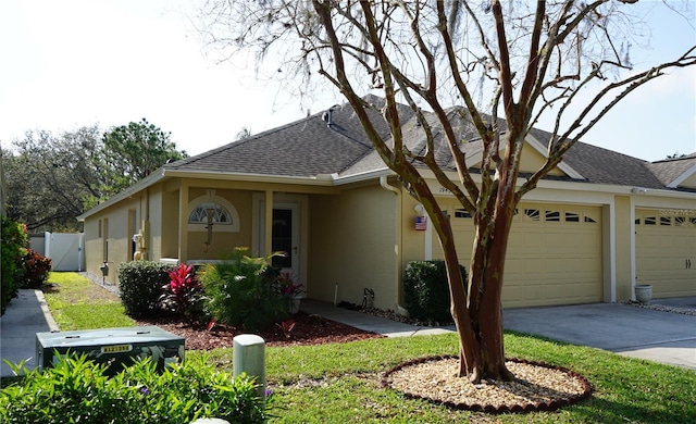 single story home featuring stucco siding, driveway, fence, roof with shingles, and an attached garage