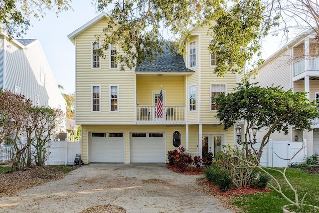 view of front of home featuring a balcony, a garage, fence, concrete driveway, and roof with shingles