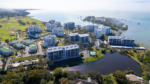 drone / aerial view with a water view and a city view